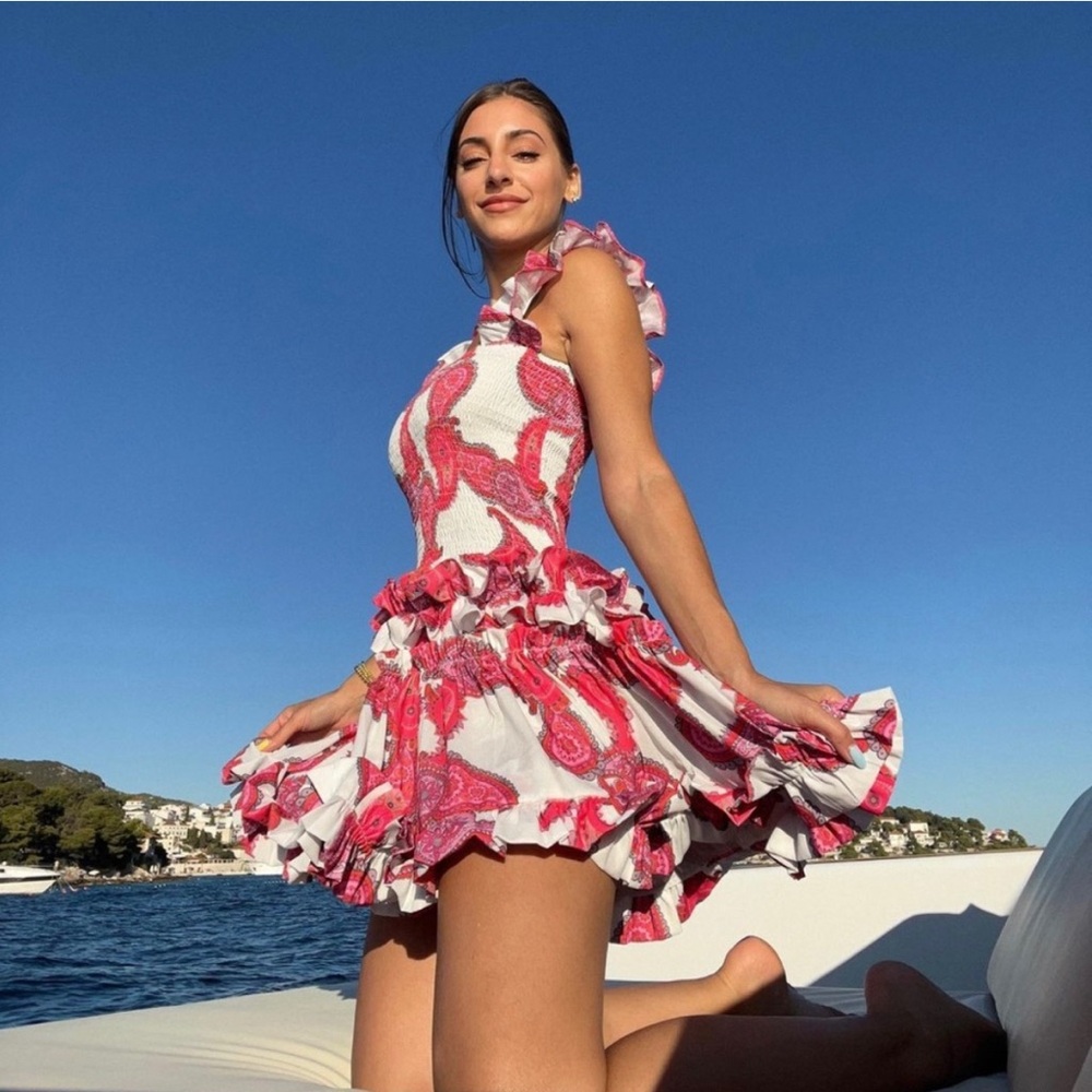 Luxxel Paisley Scrunch Mini Dress Size L Red and White NWT